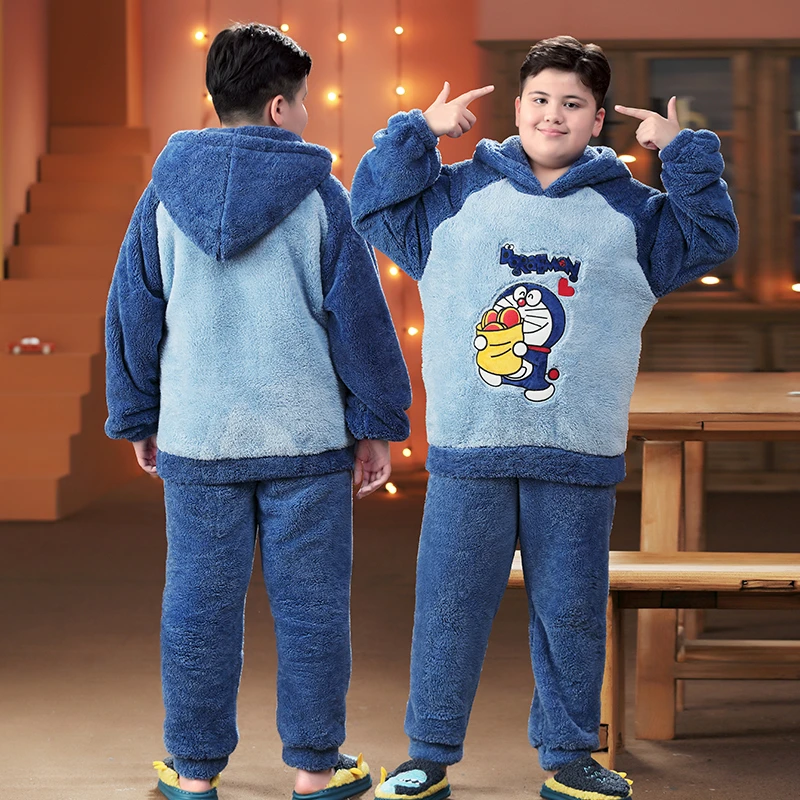 珊瑚绒睡衣男童秋冬季加厚青少年中大童初中生胖童大码法兰绒套装