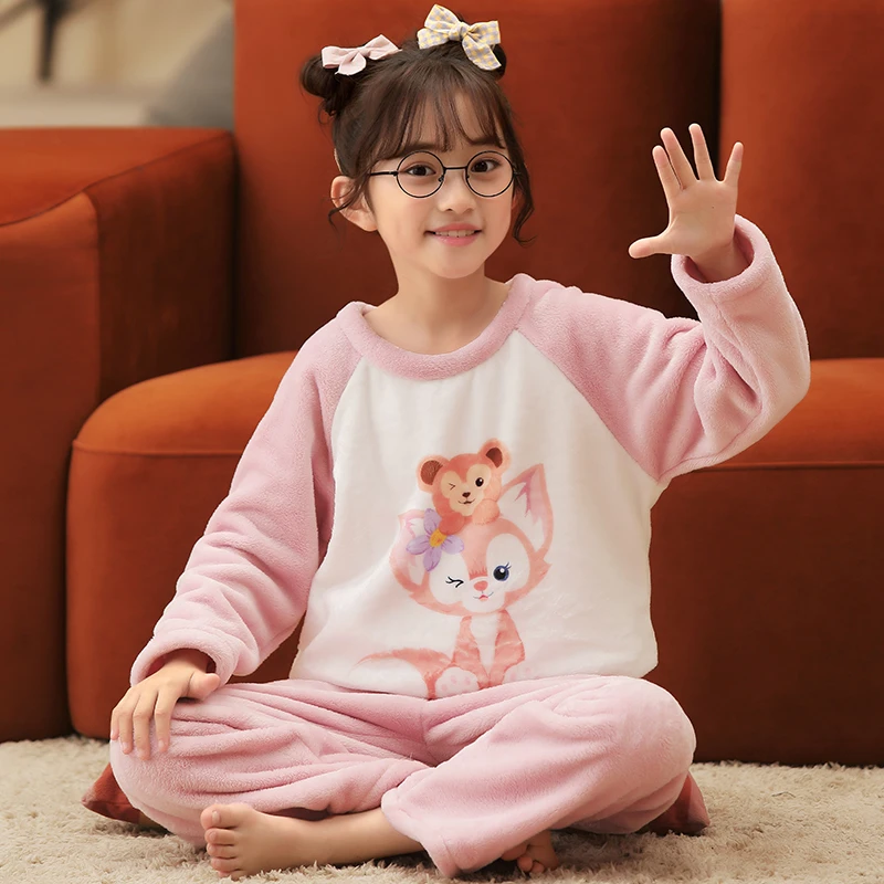 薄款法兰绒儿童睡衣女童秋冬款珊瑚绒女宝宝套头家居服中大童套装