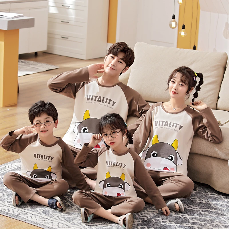 夏款亲子睡衣长袖春秋季一家三口四口纯棉卡通母女母子套装家居服