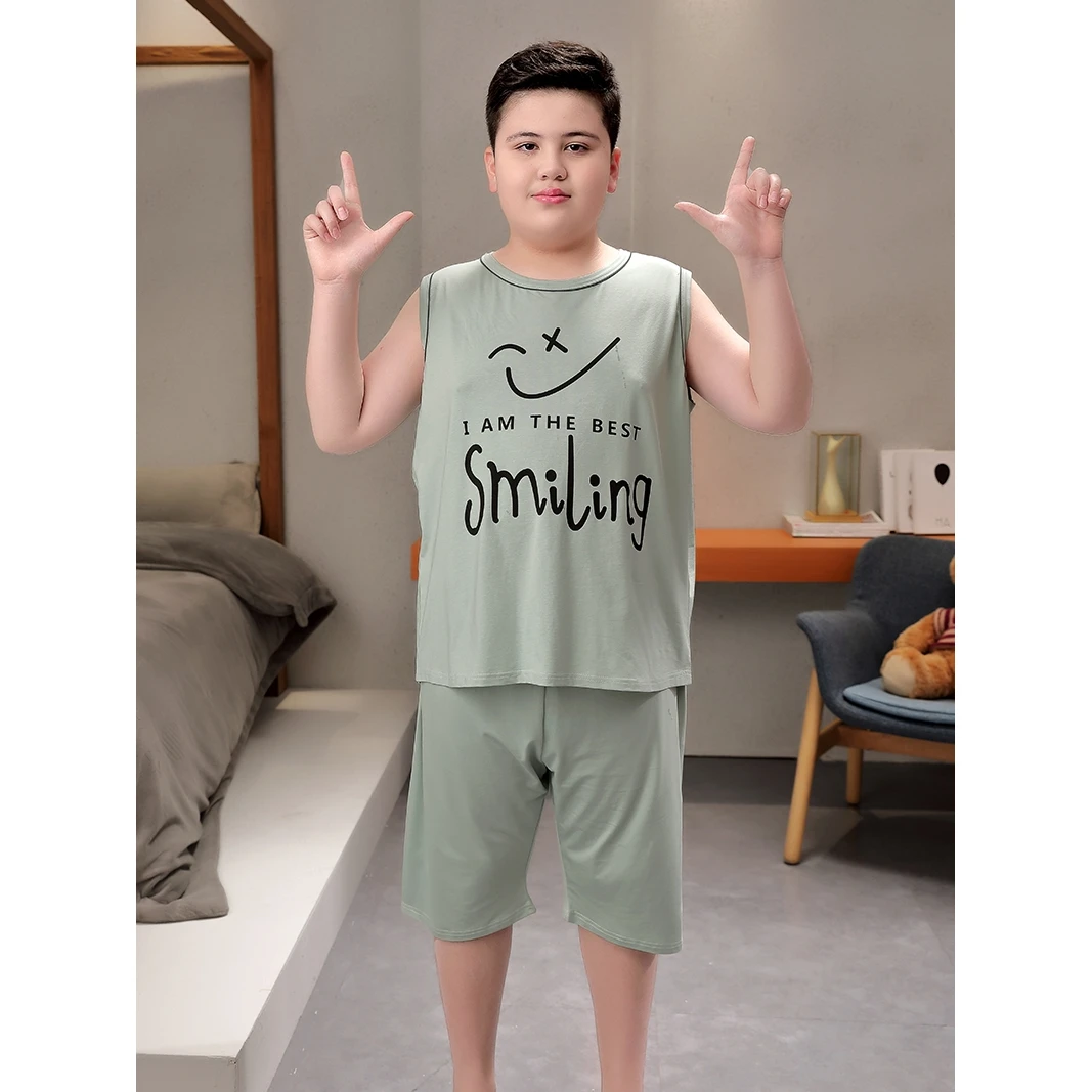 背心男胖童夏睡衣加肥加大薄款莫代尔儿童套装夏季无袖短裤家居服