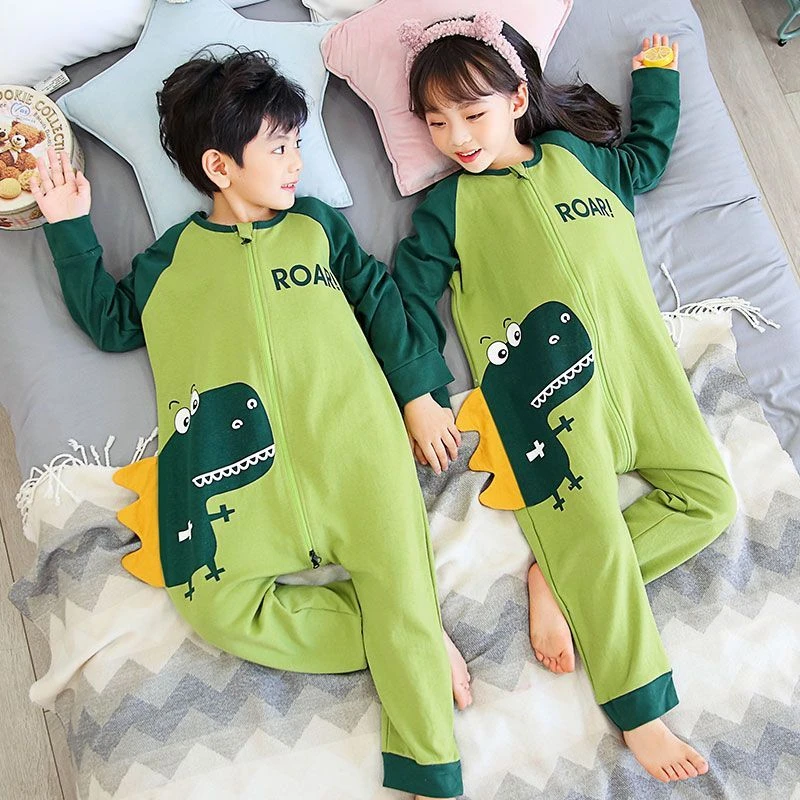儿童连体睡衣纯棉卡通睡袋春秋夏季薄款空调服男童女孩长袖家居服