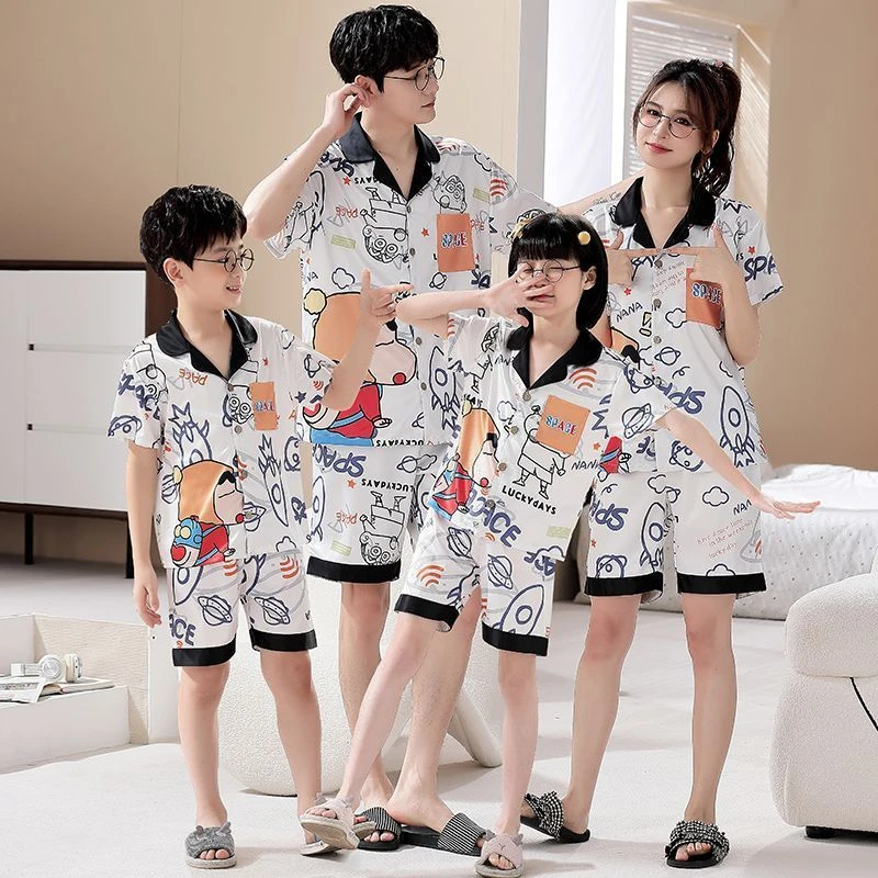 夏季开衫亲子睡衣冰丝绸短袖一家三口母女中大男孩家居服儿童套装