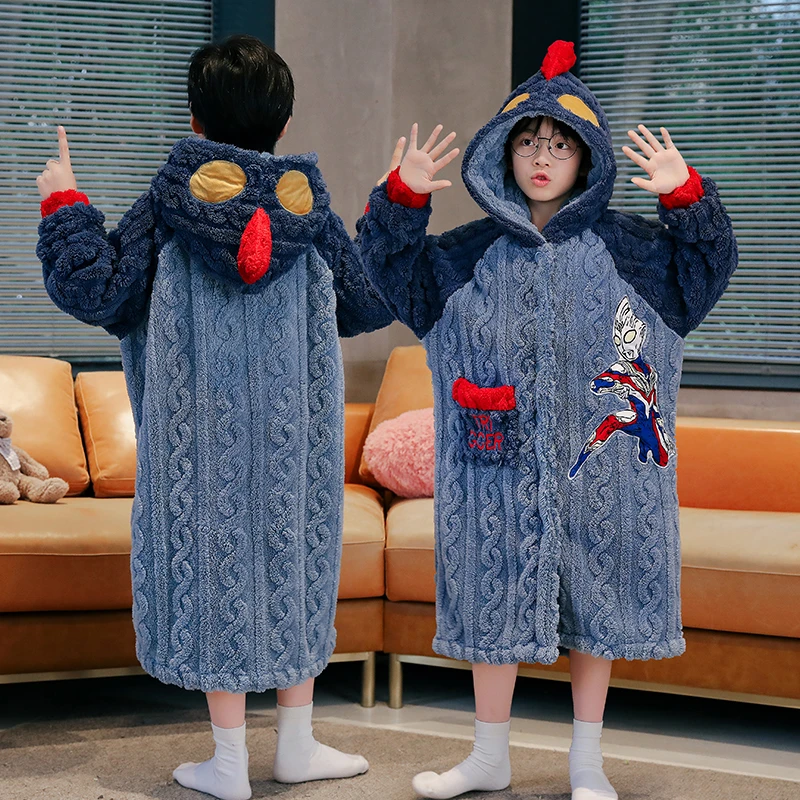 秋冬款儿童加厚睡袍奥特曼浴袍男大童法兰珊瑚绒睡衣女童卡通公主