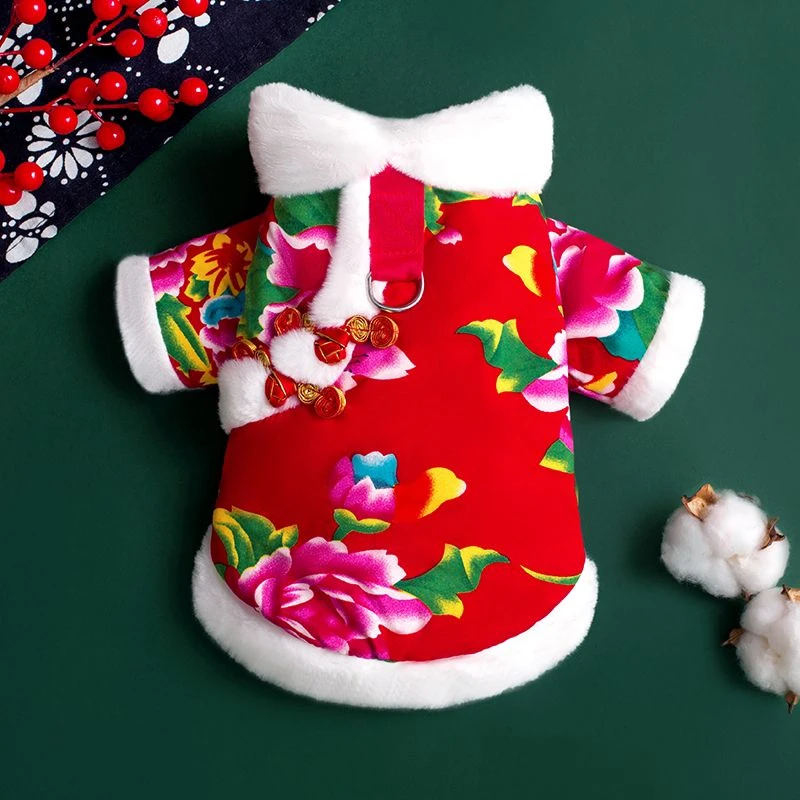 宠物狗狗大花袄秋冬季加绒加厚新年唐装衣服棉衣比熊泰迪金毛猫咪