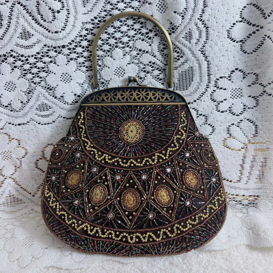 编码948纯手工经典复古钉珠古董包高货重工珠绣包铜色手提包孤品