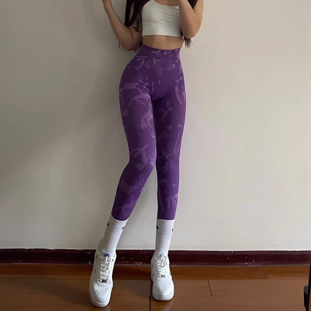 欧美蜜桃提臀健身裤女跑步运动训练紧身无尴尬瑜伽裤迷彩撸铁长裤