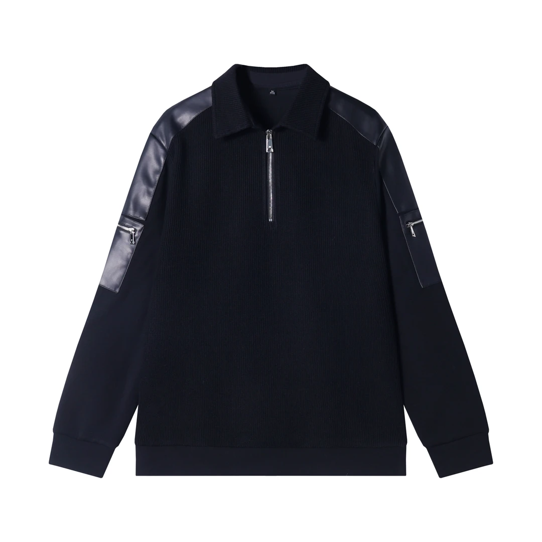 秋冬季新款时尚个性韩版皮面拼接半拉链翻领针织毛衣