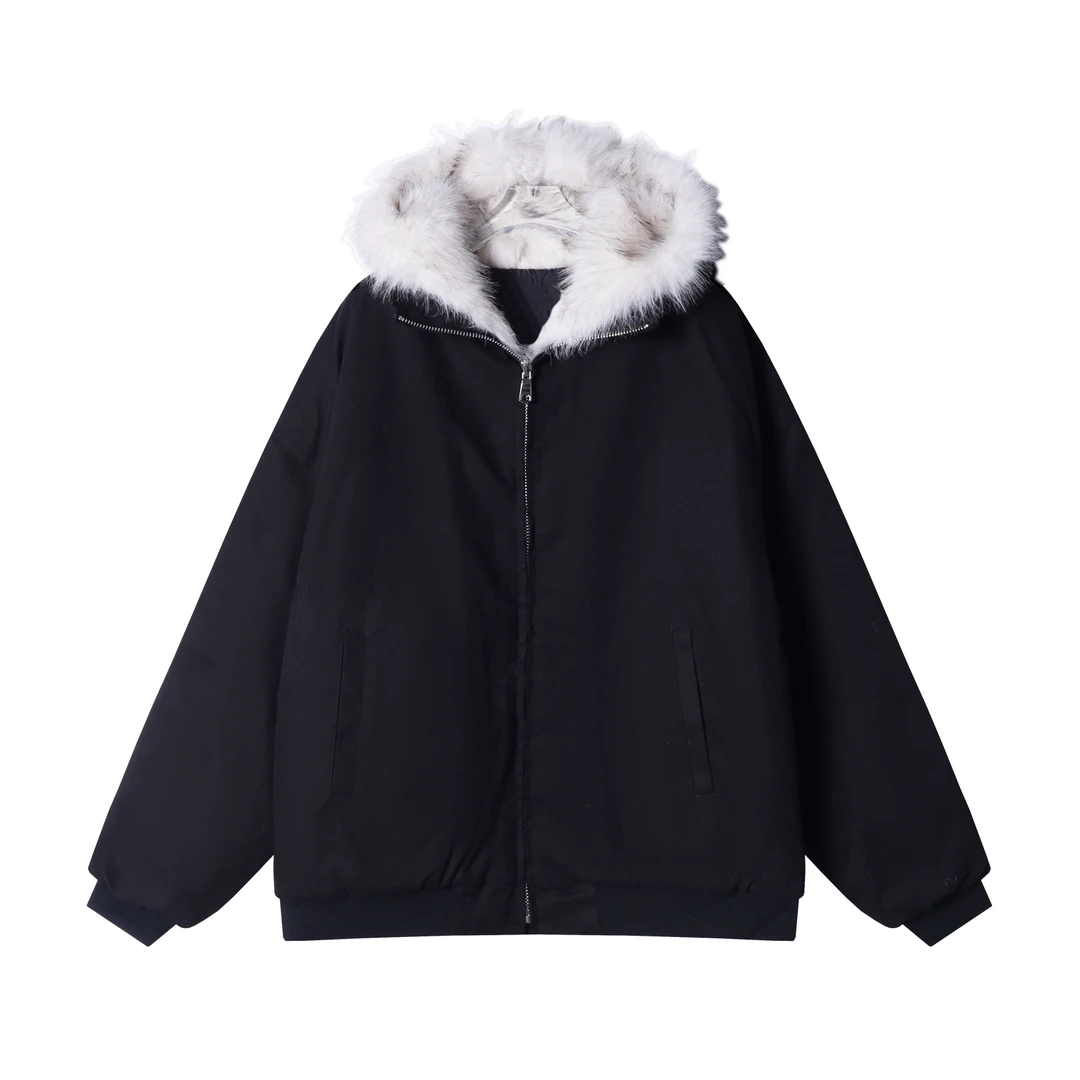 秋冬季新款时尚个性韩版撞色毛领连帽拉链开衫外套宽松百搭潮流