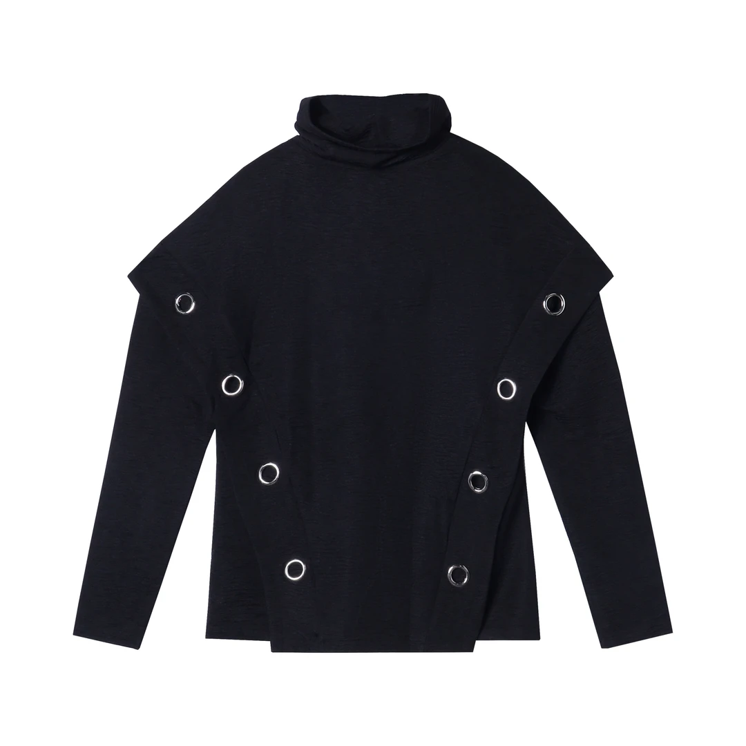 T1665秋冬季新款金属设计感裁剪高领纯色假两件卫衣百搭时尚气质