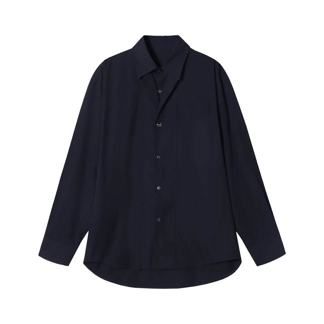 夏季新款时尚拼接双排纽扣男士衬衫潮流设计小众上衣宽松经典长袖