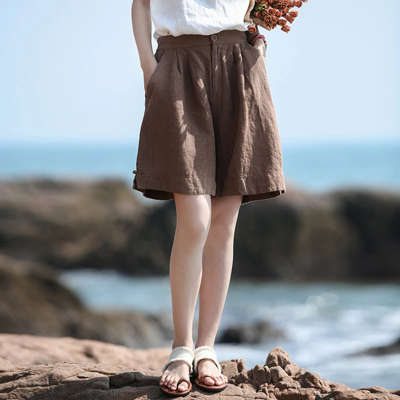 新中式女装新款短裤女夏季新中式复古休闲裤纯色亚麻裤子女一件