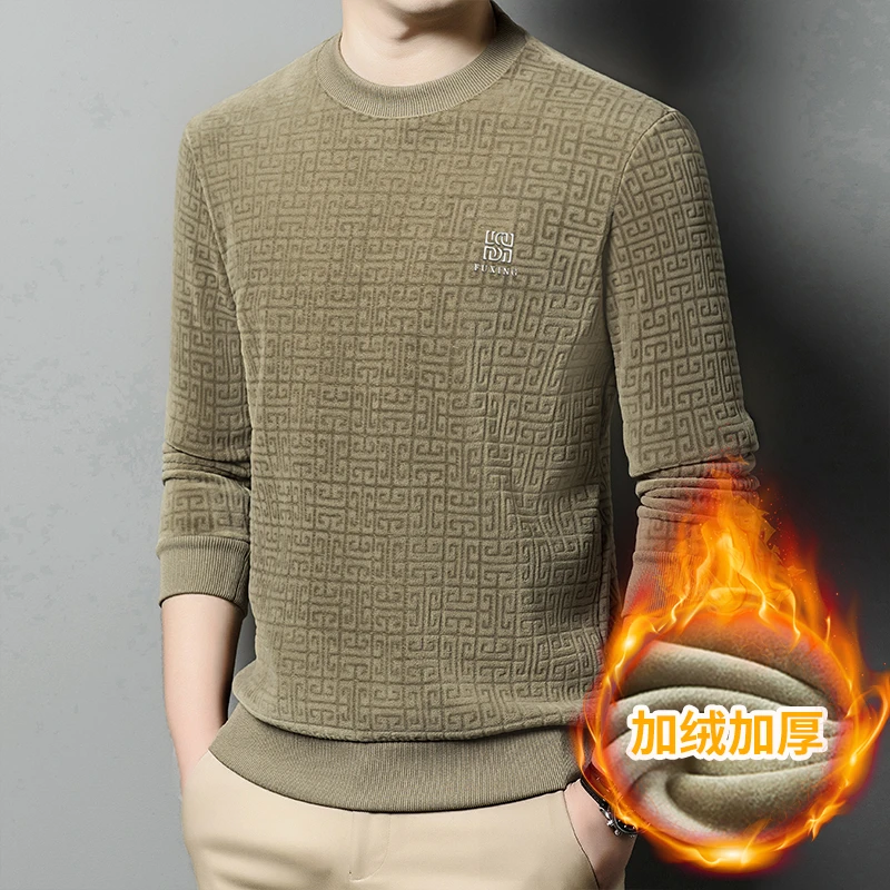 秋冬季加绒加厚圆领男士卫衣休闲百搭上衣宽松保暖长袖打底衫男装