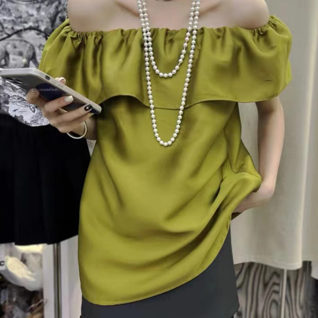 法式一字领荷叶边气质衬衫女2024夏季新性感时尚百搭漏肩上衣