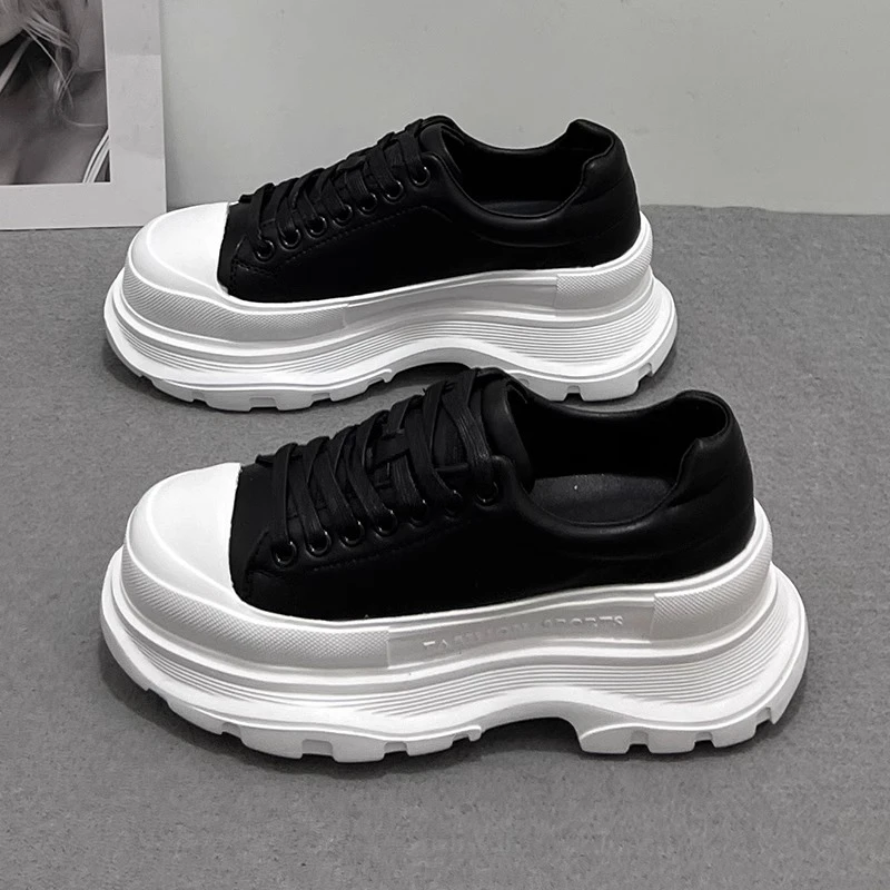 欧洲站厚底皮面松糕老爹鞋2025秋冬加绒小个子增高运动休闲小白鞋