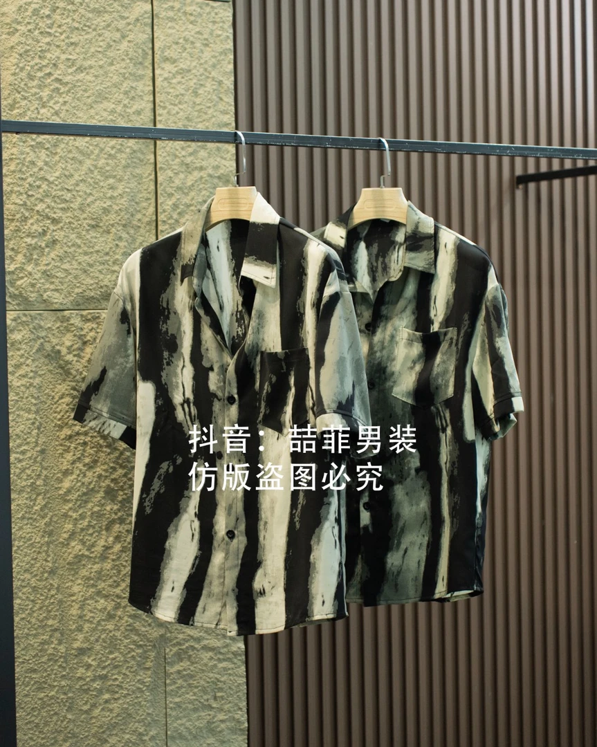 2024新款痞帅条纹休闲衬衫短袖男夏季半袖寸衫男装时尚高级感个性