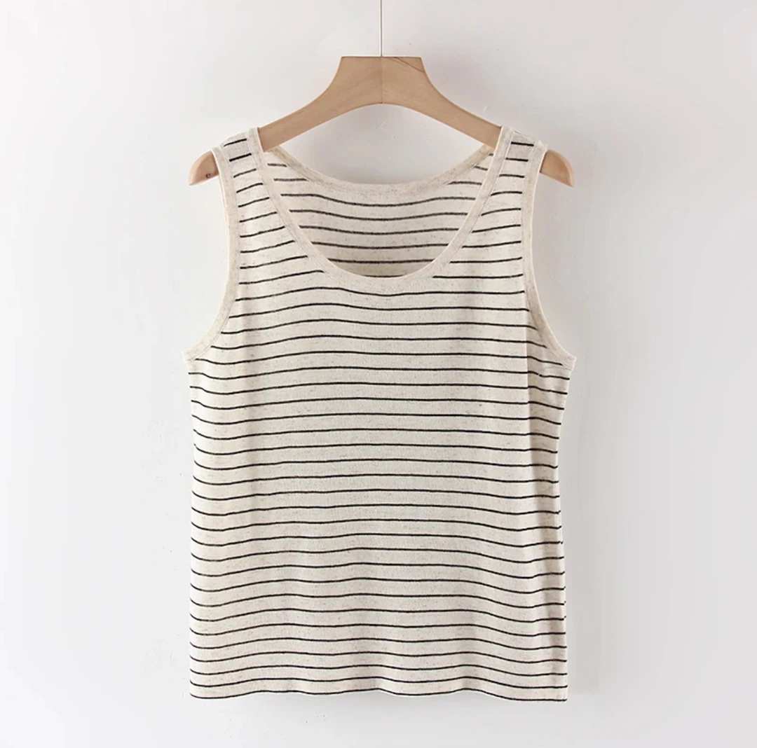 25年夏季清纯休闲小背心无袖冰爽天丝大码透气薄款条纹圆领针织衫