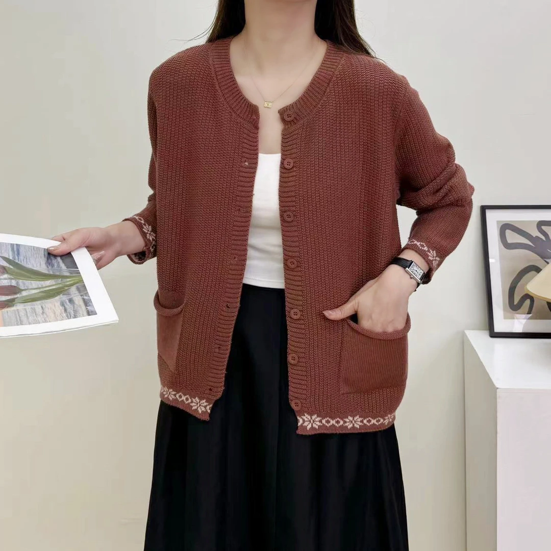 【双11活动】棉线圆领口袋提花长袖针织衫女士秋季宽松上衣外套