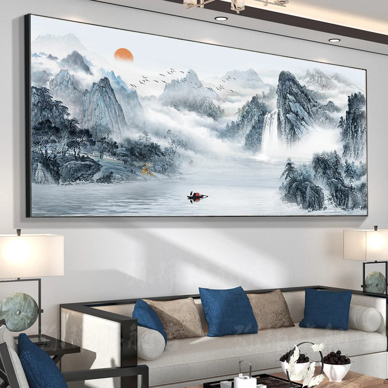 新中式山水画客厅沙发背景墙挂画背有靠山中国风装饰画办公室壁画