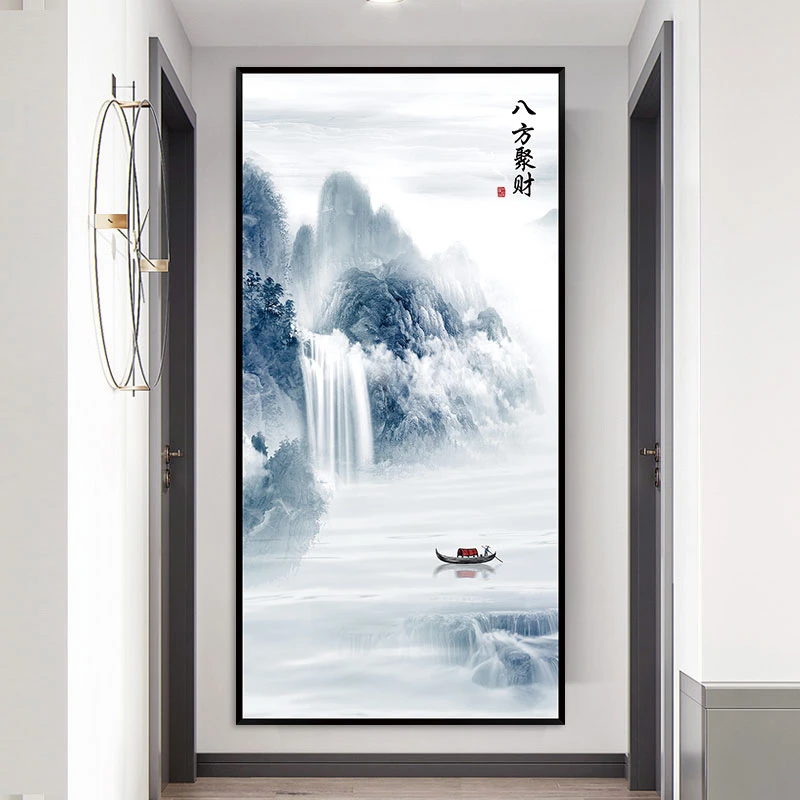 新中式玄关入户装饰画走廊一进门的墙壁画过道八方聚财山水画挂画