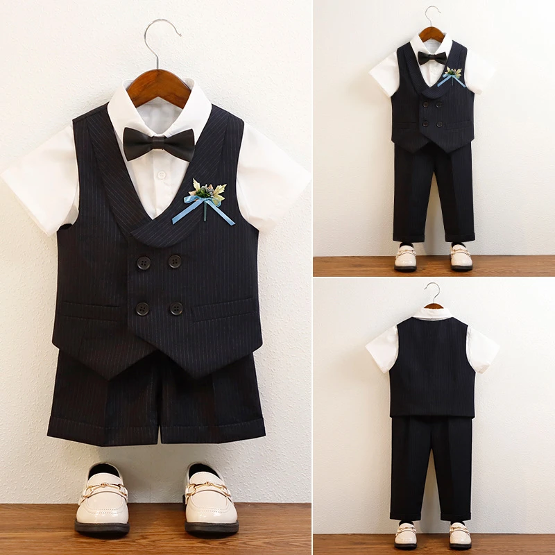 西服春夏英伦风条纹马甲短袖套装男童主持表演服小童花童礼服