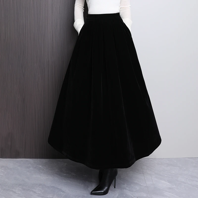 高档加厚金丝绒a字百褶裙女秋冬长裙半身裙2025年新款高腰大摆裙