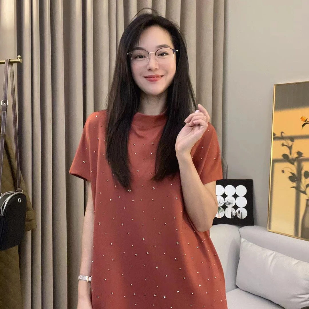 2024春满身烫钻韩版宽松百搭短袖T恤中长款打底衫连衣裙D107