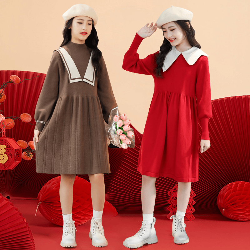 女童公主裙红色加厚拜年衣服2024新款大童连衣裙冬装儿童新年裙子