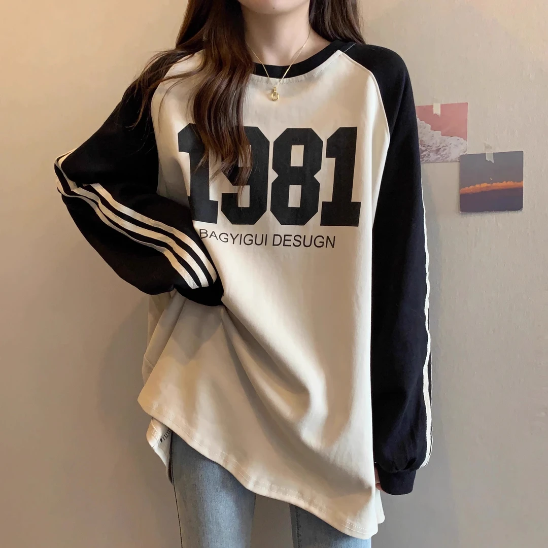 大码遮肚子慵懒风长袖卫衣女秋装胖妹妹宽松显瘦撞色插肩长袖上衣