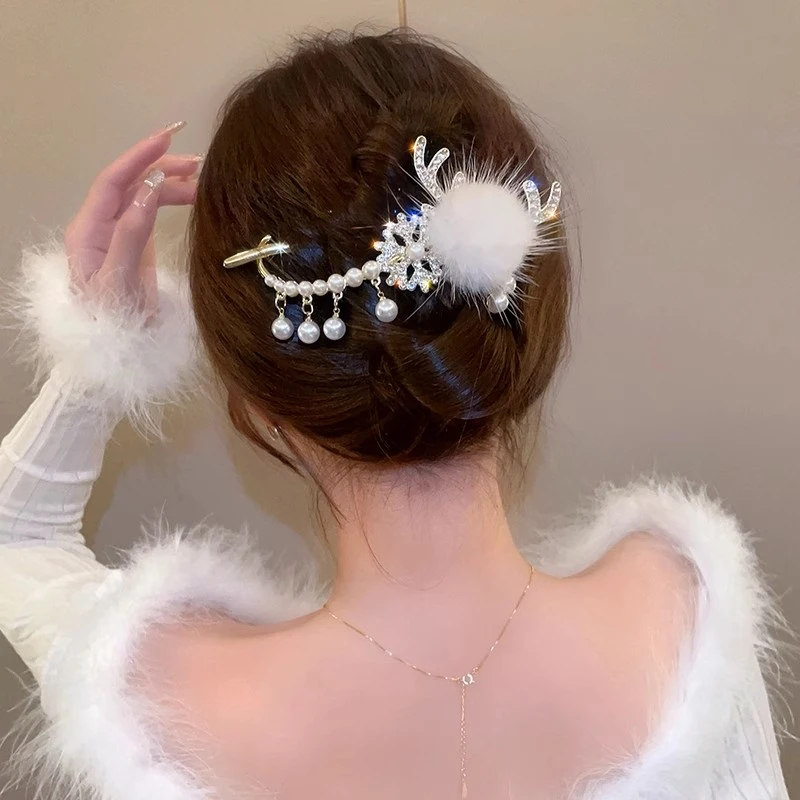 圣诞节毛球鹿角雪花扭扭夹女后脑勺盘发发夹抓夹鸭嘴夹一字夹发卡