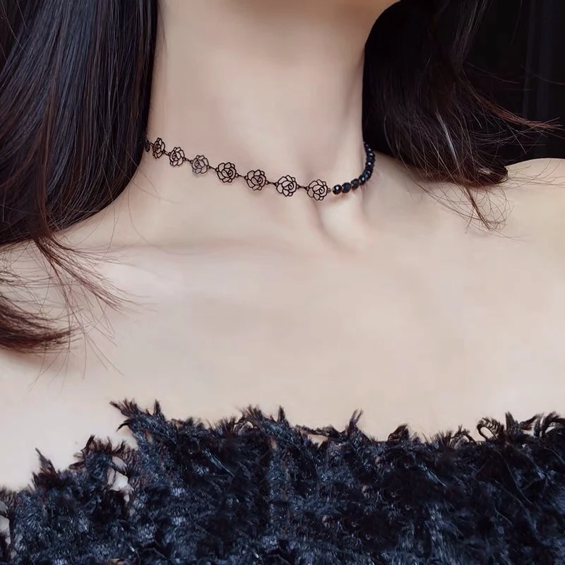 钛钢项链 不掉色黑色玫瑰黑晶石项链锁骨链女颈链chocker项圈746