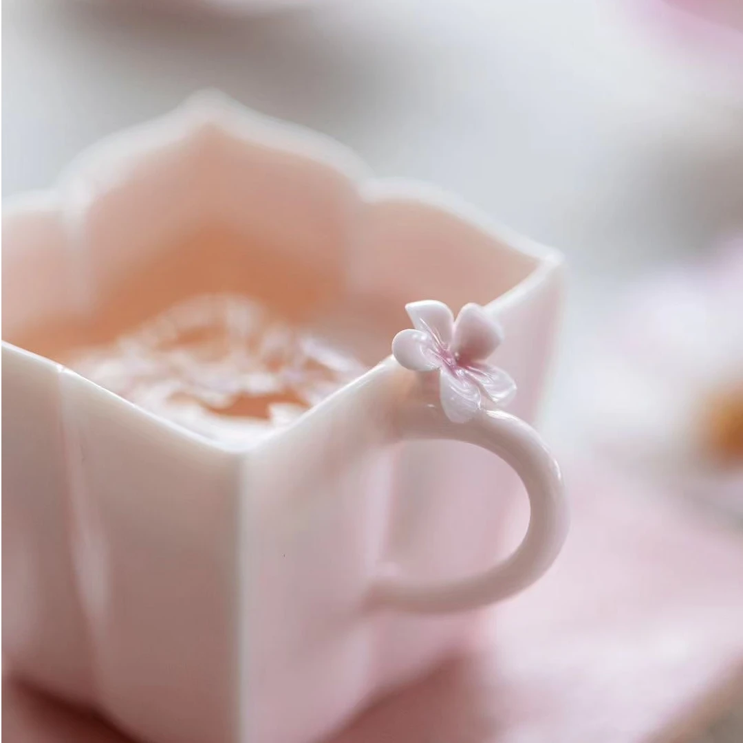 蔓颜樱梦粉捏花绘梦手把茶杯主人杯陶瓷茶具水杯泡茶杯