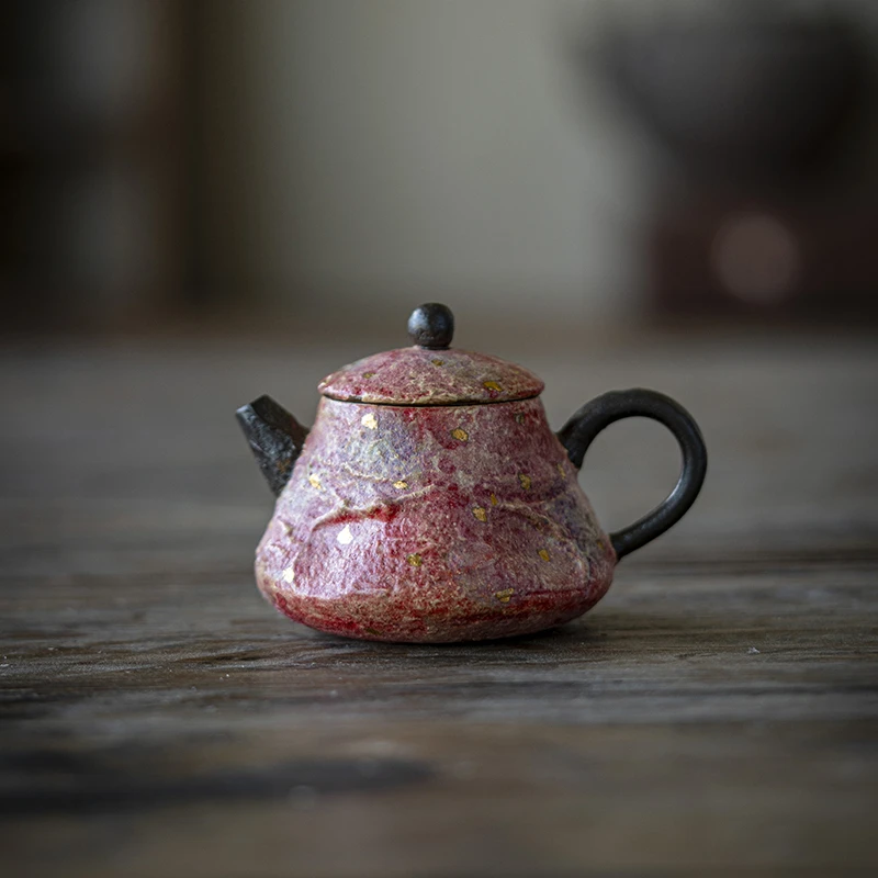洒金原矿彩陶天山壶手工粗陶中式美学陶泥茶具单茶壶梨壶