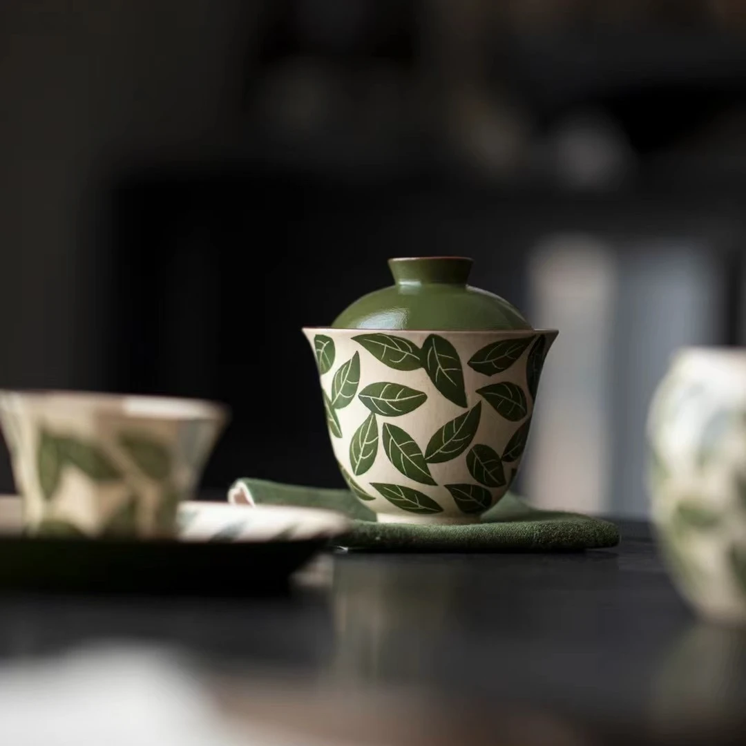 粉引-暮春盖碗-翠减绿色手绘陶瓷盖碗功夫茶具壶承公道杯