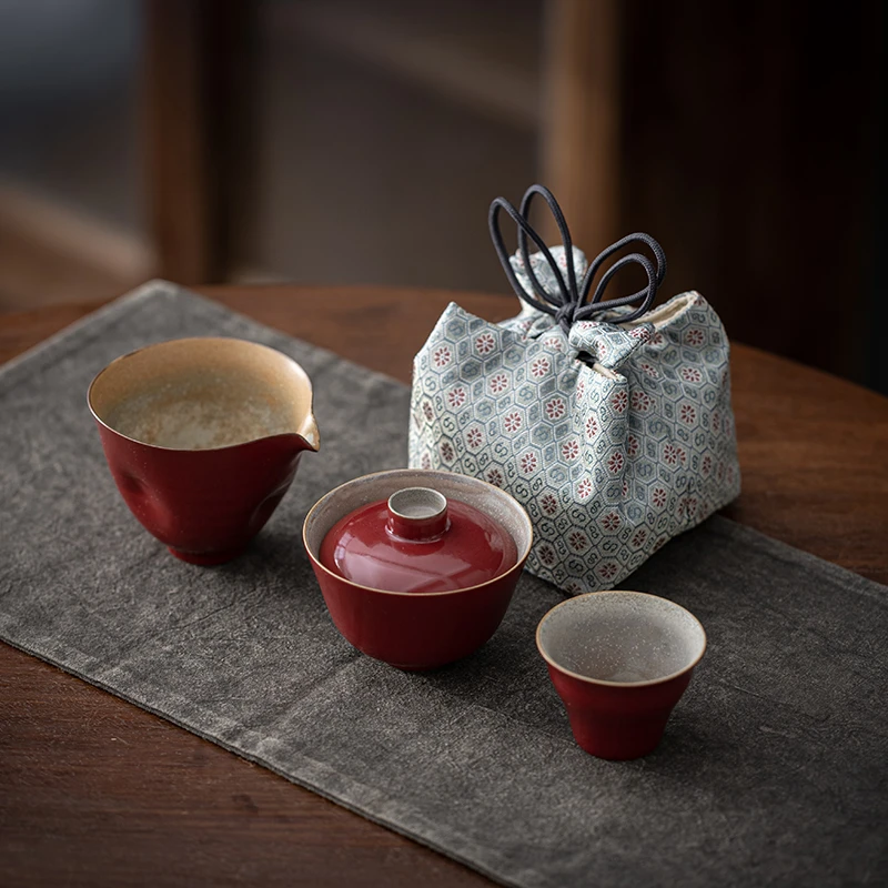 宫墙红便携小套组户外防烫盖碗公道杯主人杯旅行包包手工陶瓷茶具