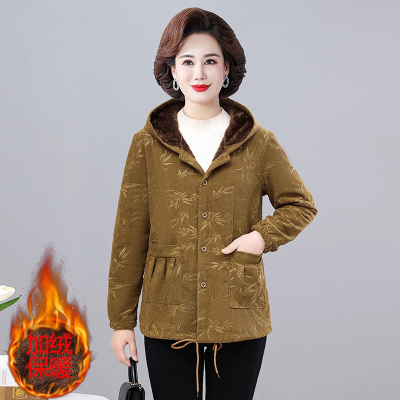 秋冬季新款加绒保暖外套女洋气时尚妈妈装加厚连帽外套灯芯绒上衣