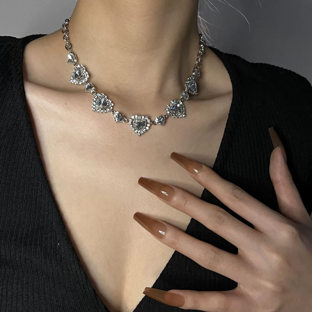 项链工镶嵌闪爱心项链设计时髦百搭派对锁合金