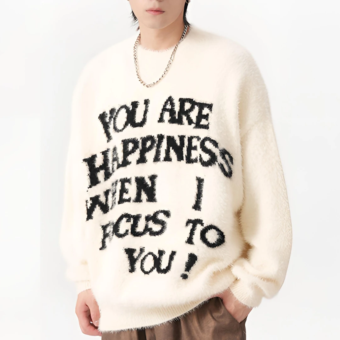 秋季新款美式圆领字母提花毛衣休闲潮流宽松慵懒垂感针织衣 90359