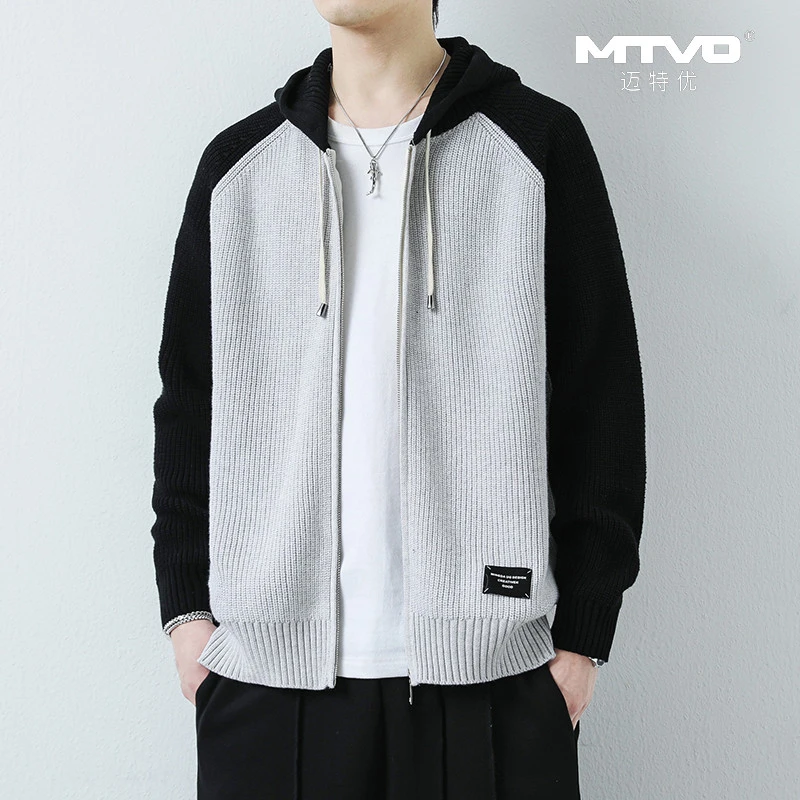 秋季新款青少年宽松百搭学生韩版连帽插色开衫针织潮流毛衣XH9653