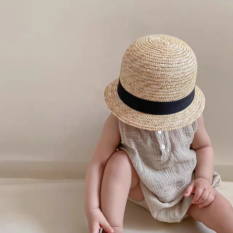 ins韩国婴幼儿草帽夏季宝宝可爱圆顶礼帽男女圆顶遮阳沙滩帽子潮