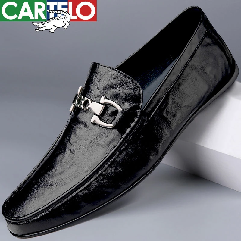 CARTELO/卡帝乐鳄鱼2023春秋款男士皮鞋休闲透气真皮软底豆豆鞋