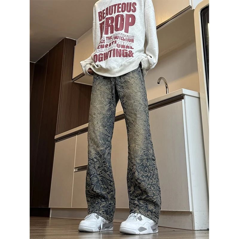 cleanfit满印提花弯刀牛仔裤男款春秋美式vibe裤子显瘦直筒微喇裤