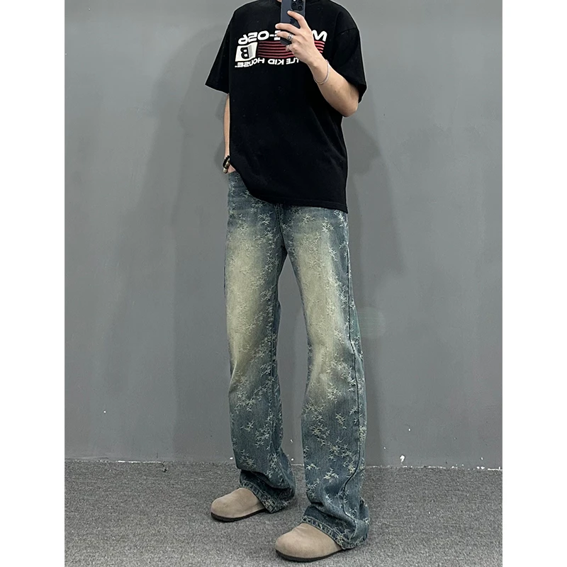 美式复古vibe提花牛仔裤男春秋季显高显瘦高街微喇宽松直筒长裤子
