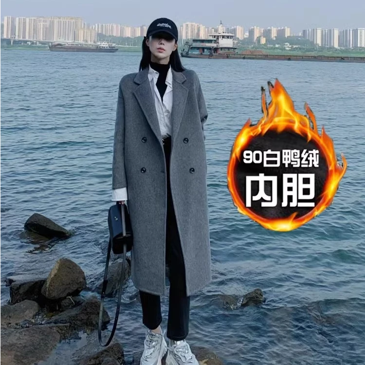 灰色高级感羽绒内胆呢子大衣女中长款气质秋冬2024新款毛呢外套