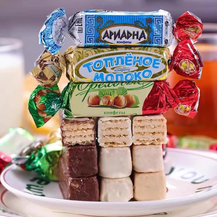 俄罗斯进口SLAVYANKA酸奶鲜奶榛子威化糖果混合装500/200g