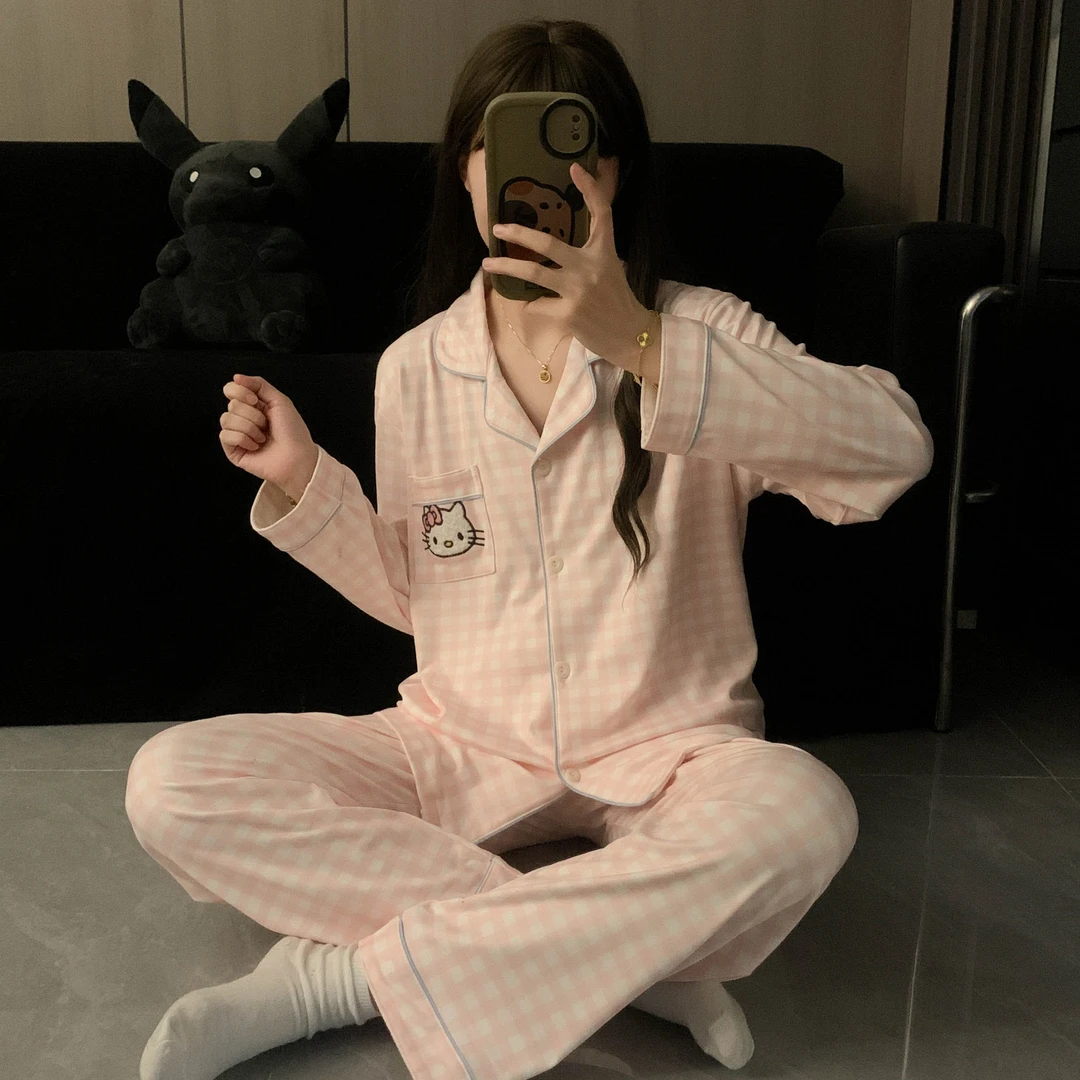 芯语婷秋冬季新款甜美格子KT猫德绒睡衣女保暖家居服套装BYY-H601