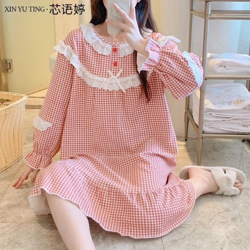 日系公主风睡裙中长款2023年新款女士秋季格子睡衣家居服可外穿