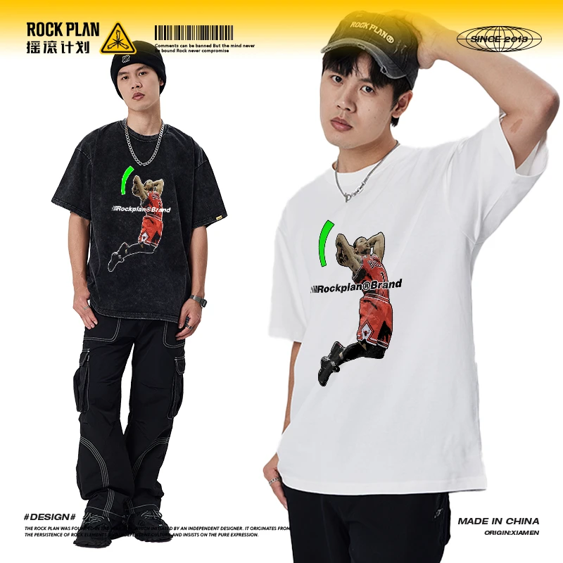 摇滚计划夏季罗斯美式印花篮球衣高街嘻哈短袖T恤纯棉重磅男潮牌