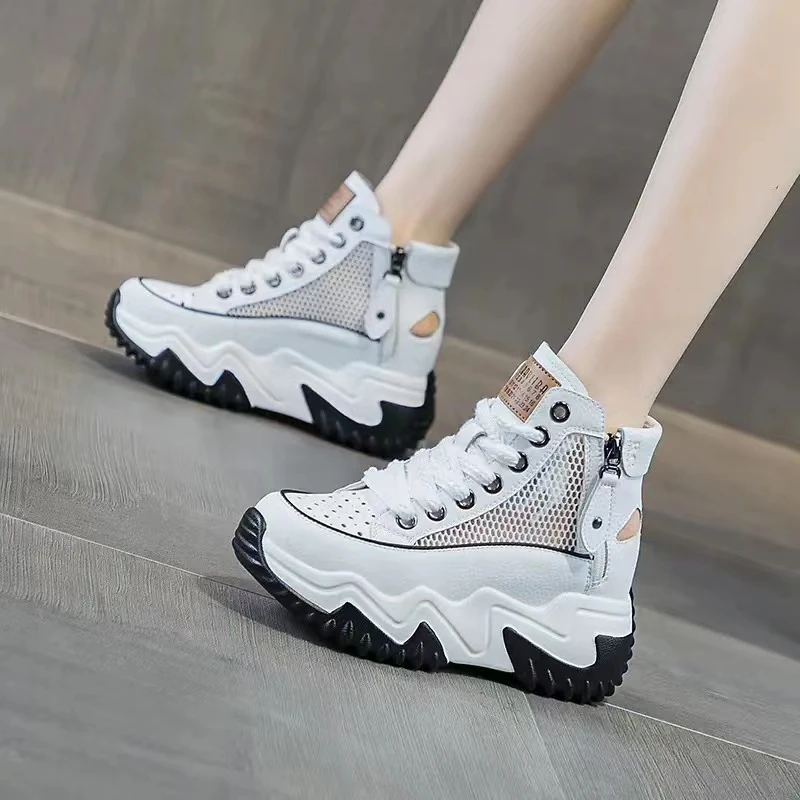 真皮新款女鞋透气网面增高镂空老爹鞋百搭厚底防滑小白鞋松糕底鞋