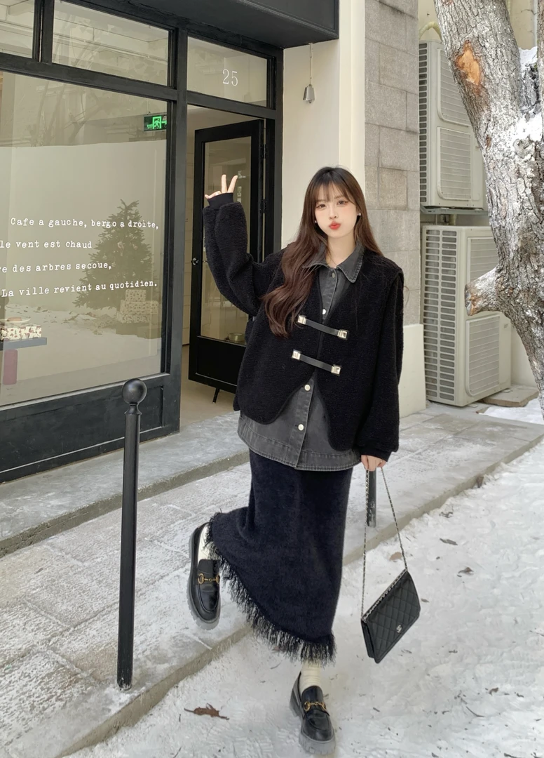 微胖mm叠穿牛仔衬衫2024新款套装女冬季高级感时尚仿羊羔外套