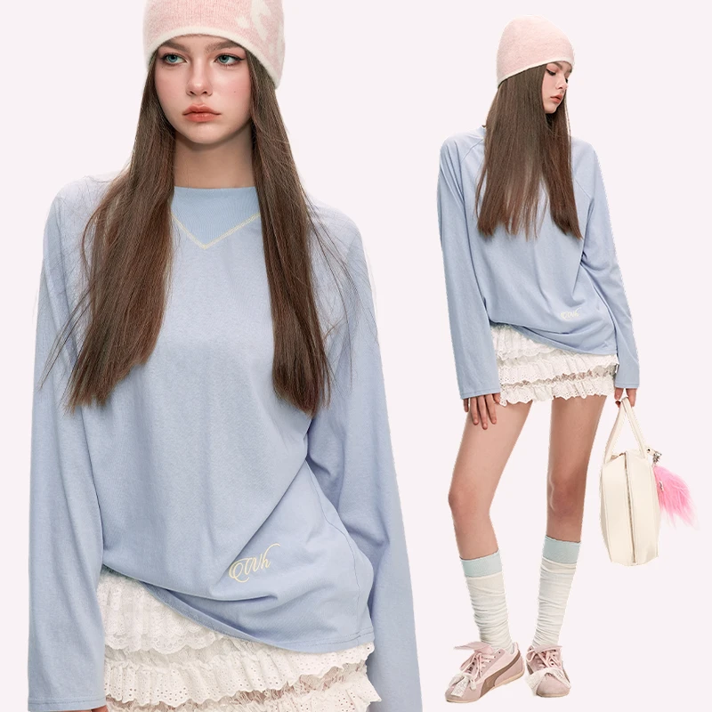 wooha 吾哈2024冬季新款简约基础打底长袖宽松T恤